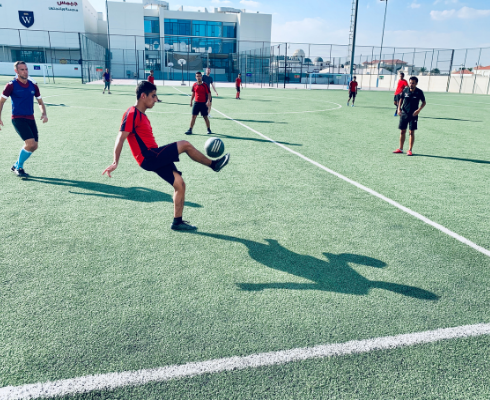Playing soccer
